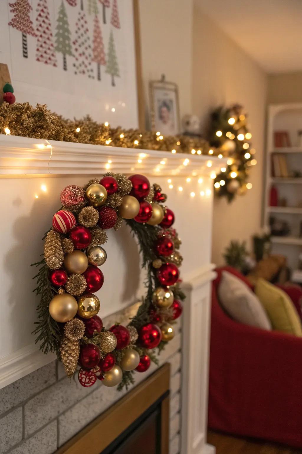 Whimsical ornament mini wreath perfect for festive holiday decor.