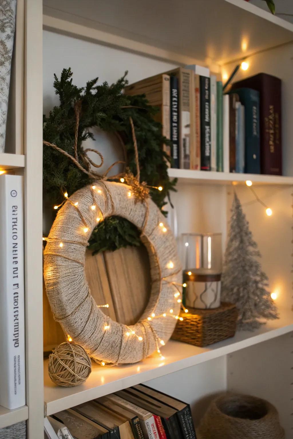 Cozy mini wreath with twine and twinkle lights adding warmth to any space.