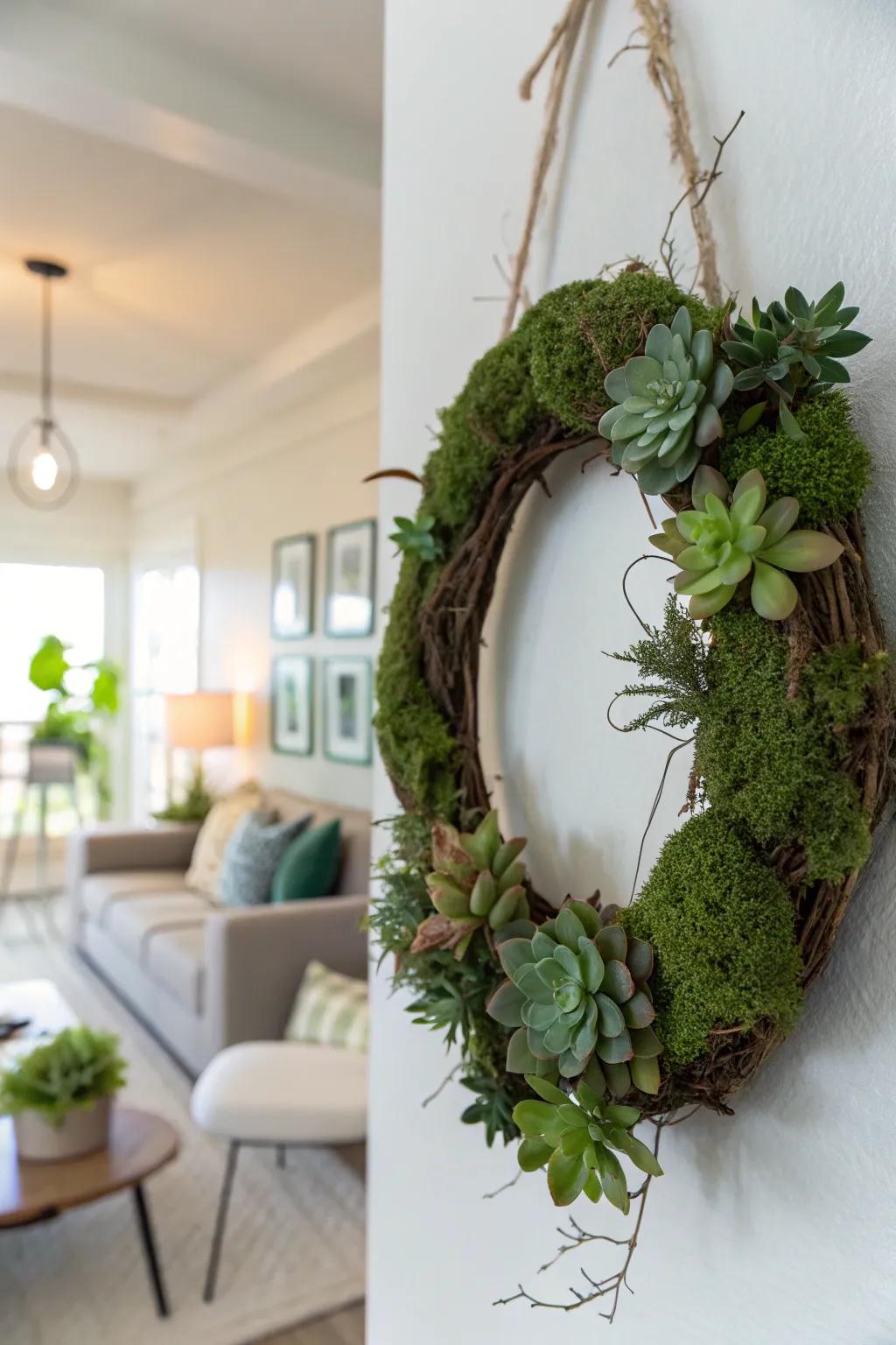 Modern mini wreath with succulents, perfect for indoor gardening enthusiasts.
