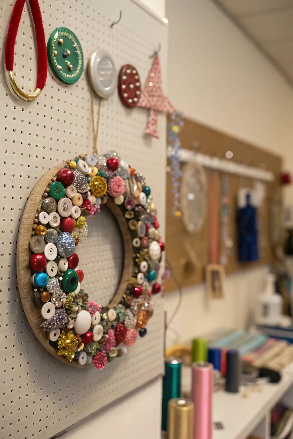 Quirky mini wreath made with buttons and beads for a personalized decor touch.