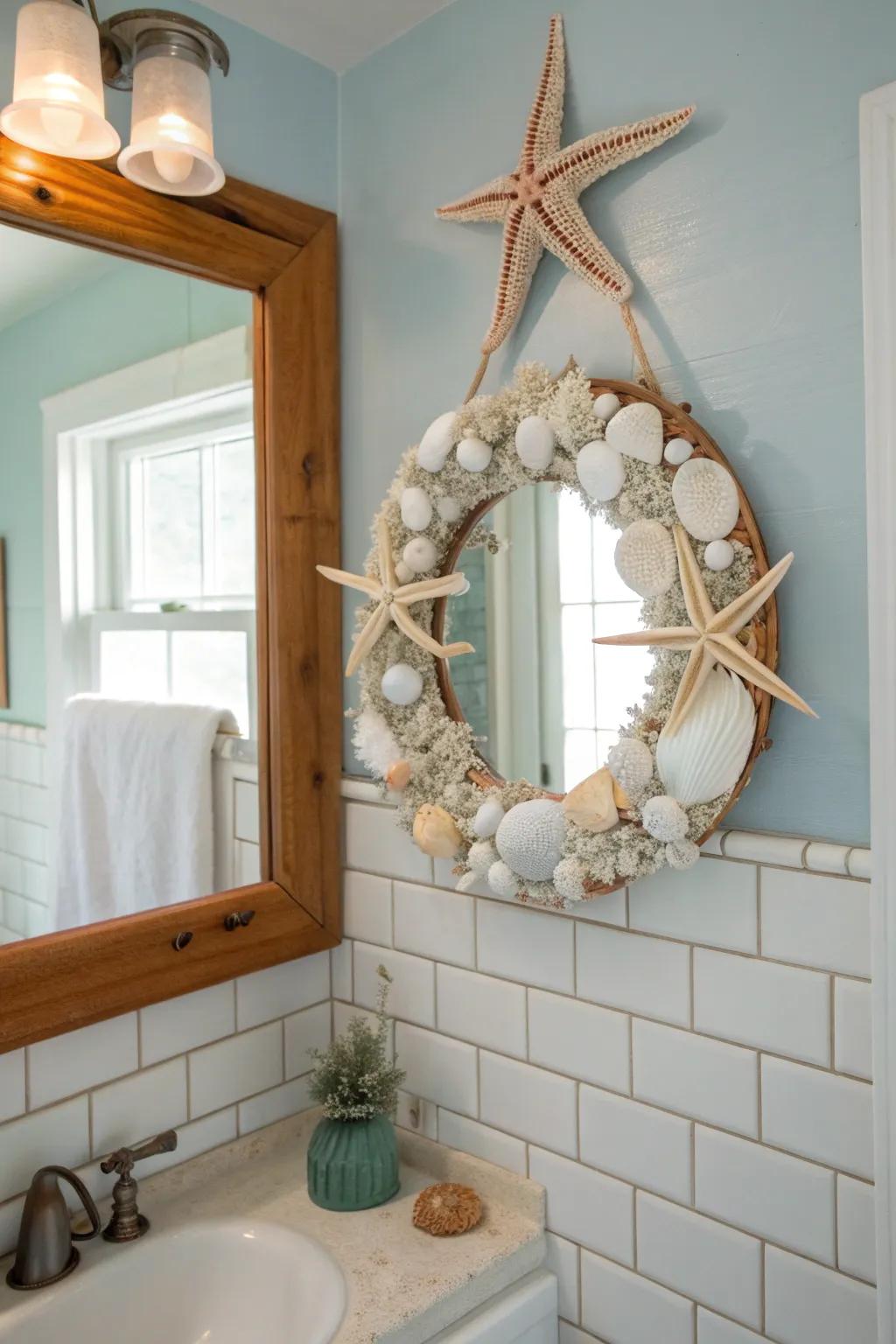 Beach-inspired mini wreath with sea shells bringing ocean vibes indoors.