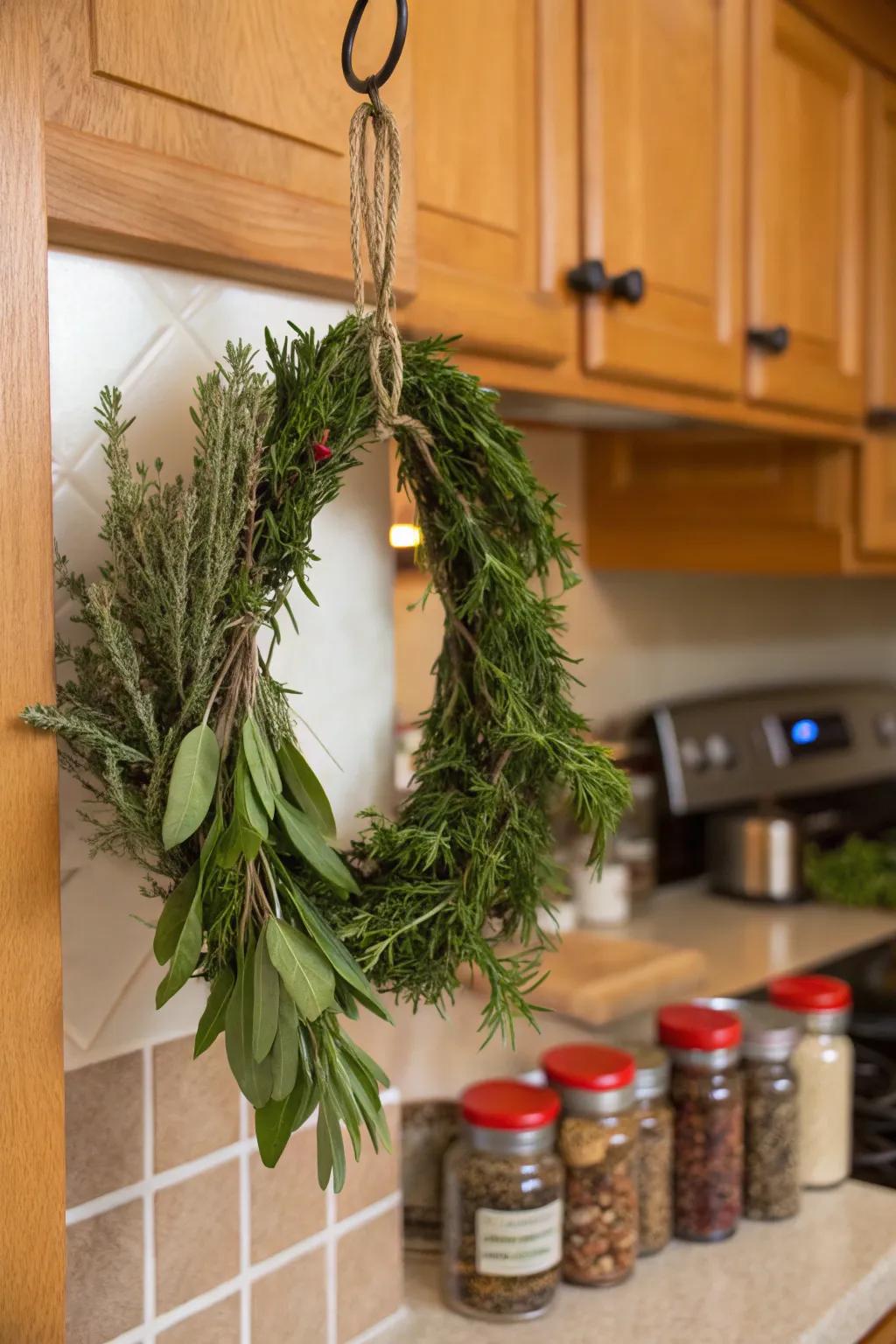 Fragrant herb mini wreath ideal for adding a culinary touch to your kitchen.