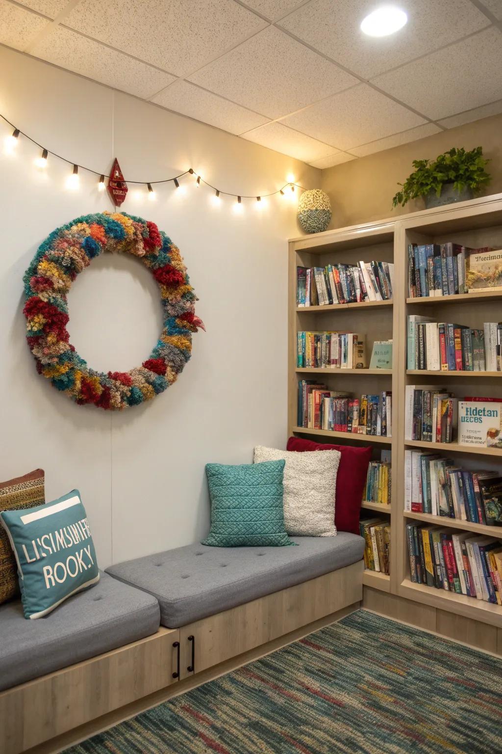 Cozy yarn-wrapped mini wreath adding texture and color.