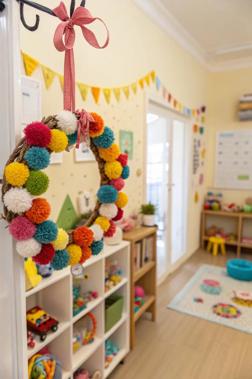 Playful pom-pom mini wreath bringing joy and color to any room.