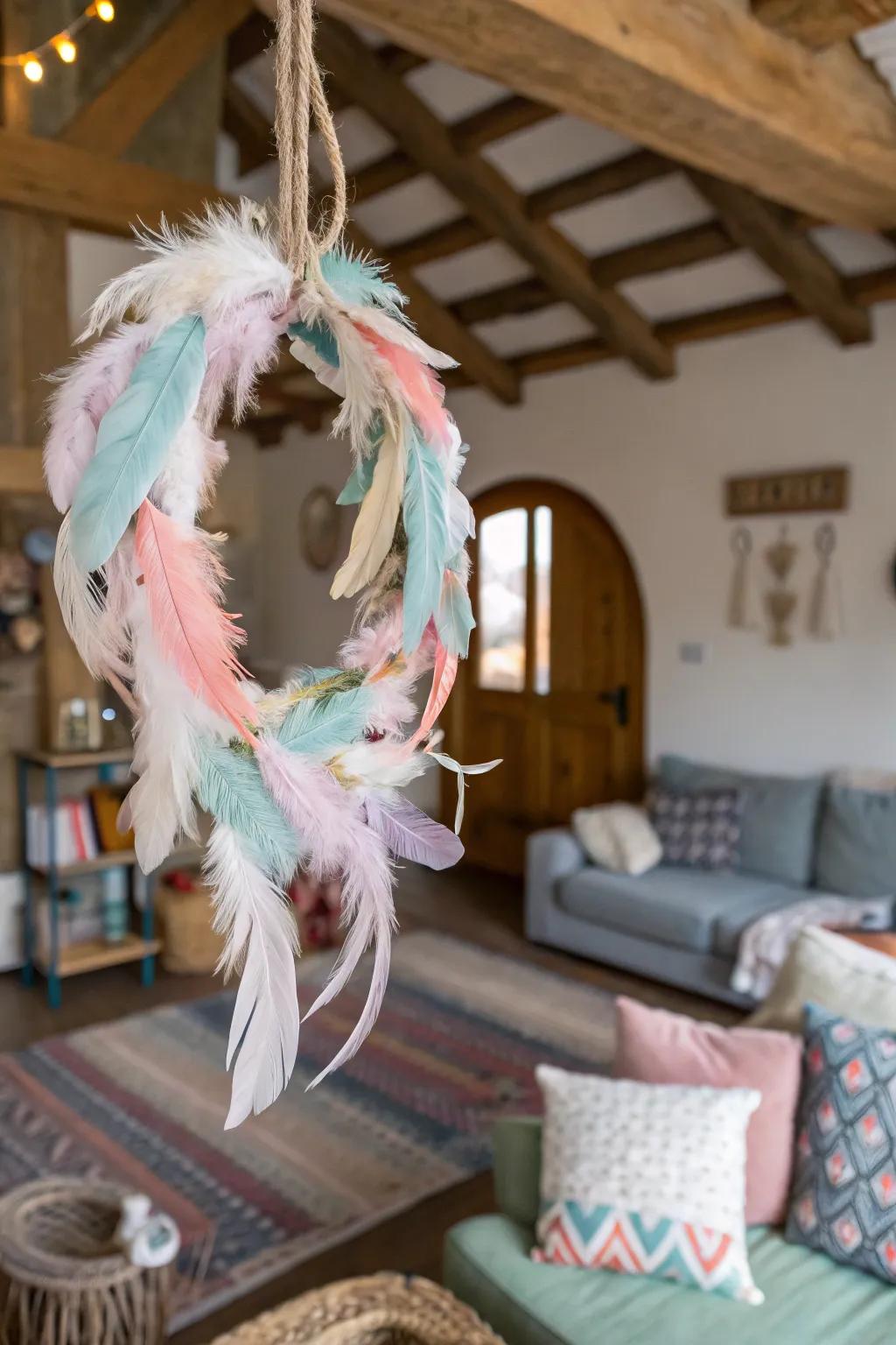 Whimsical feathered mini wreath adding softness and charm.