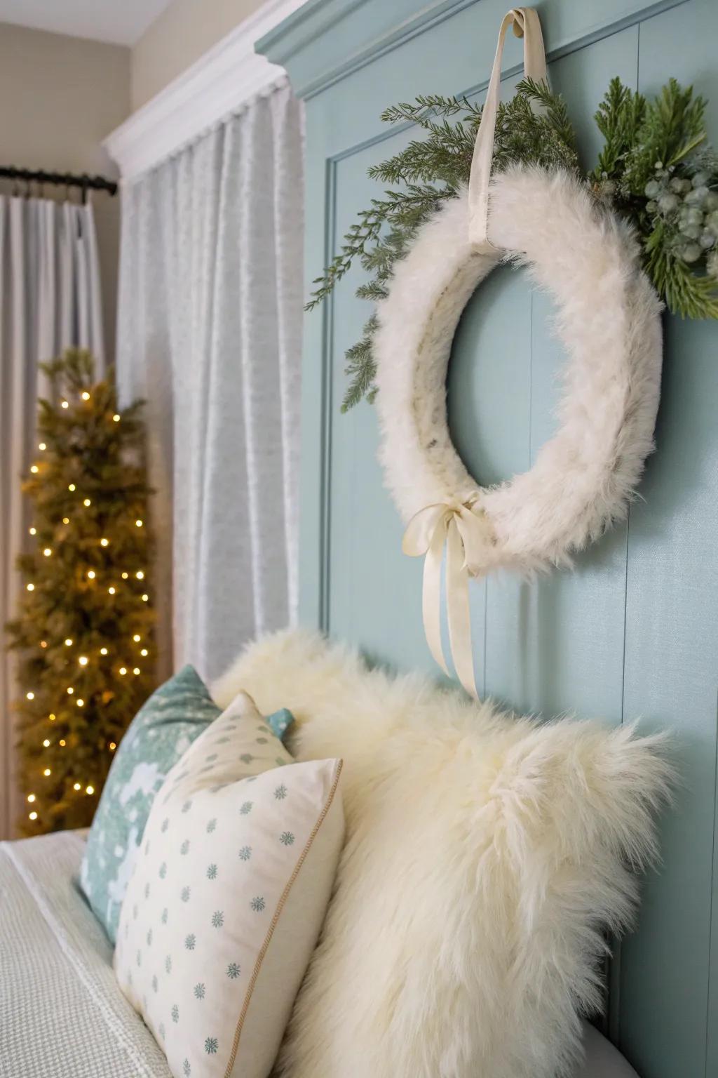 Luxurious faux fur mini wreath for a cozy winter decor.