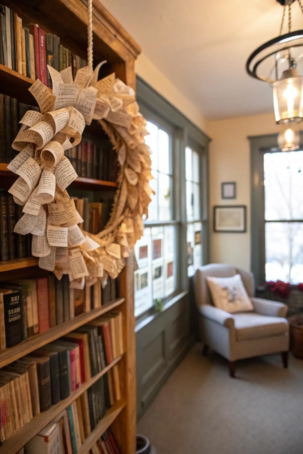 Nostalgic vintage paper mini wreath for book lovers and literary spaces.