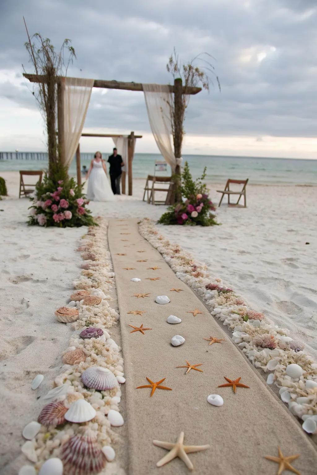 Seashells and starfish lining the wedding aisle.