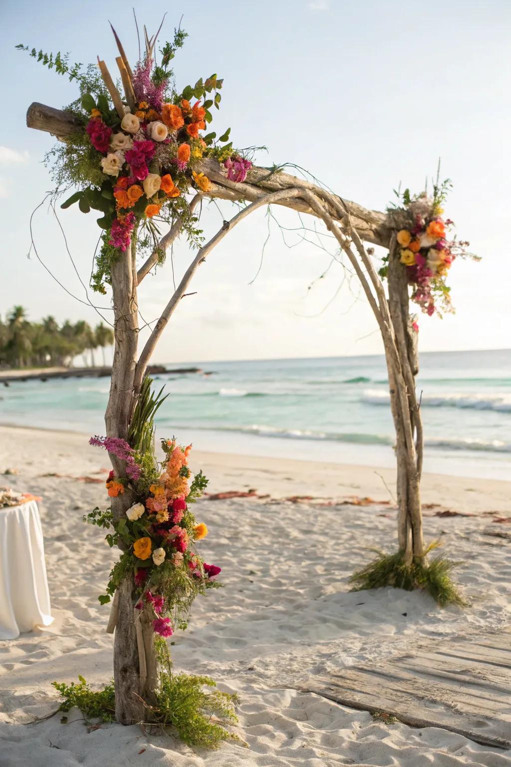 A rustic driftwood arch adorned with tropical flowers.