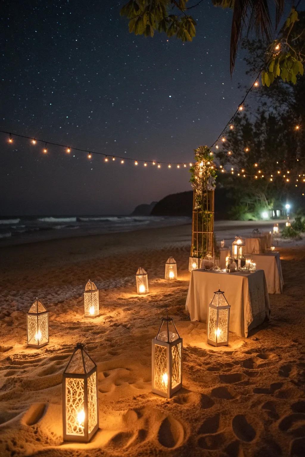 Beach lanterns providing a romantic glow.