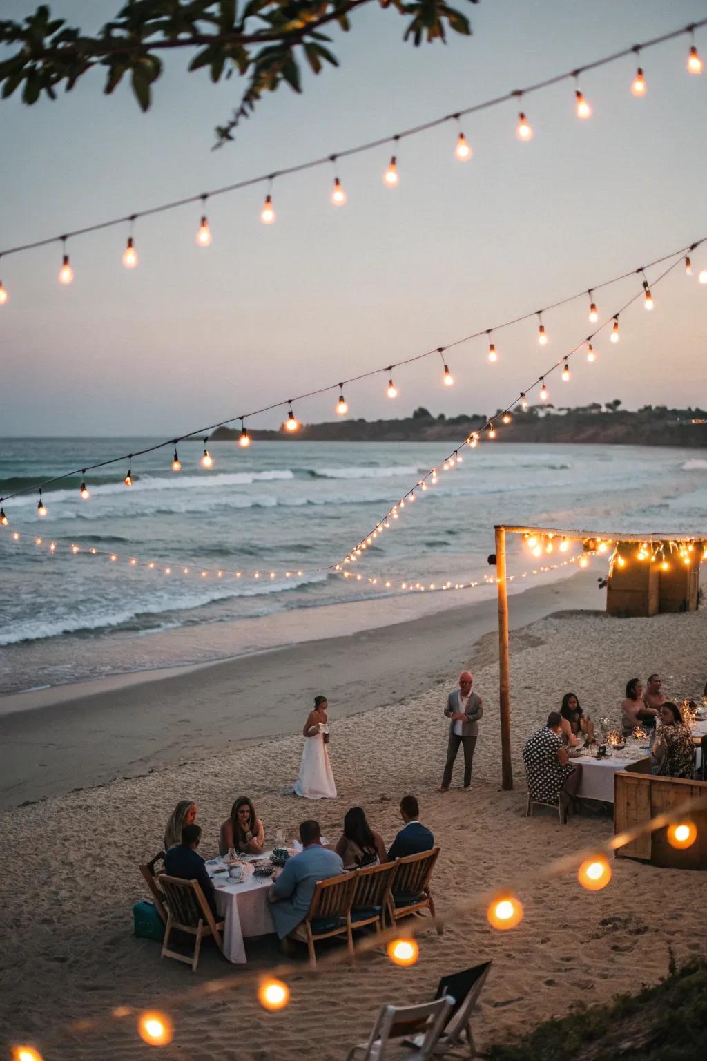String lights creating a magical evening atmosphere.