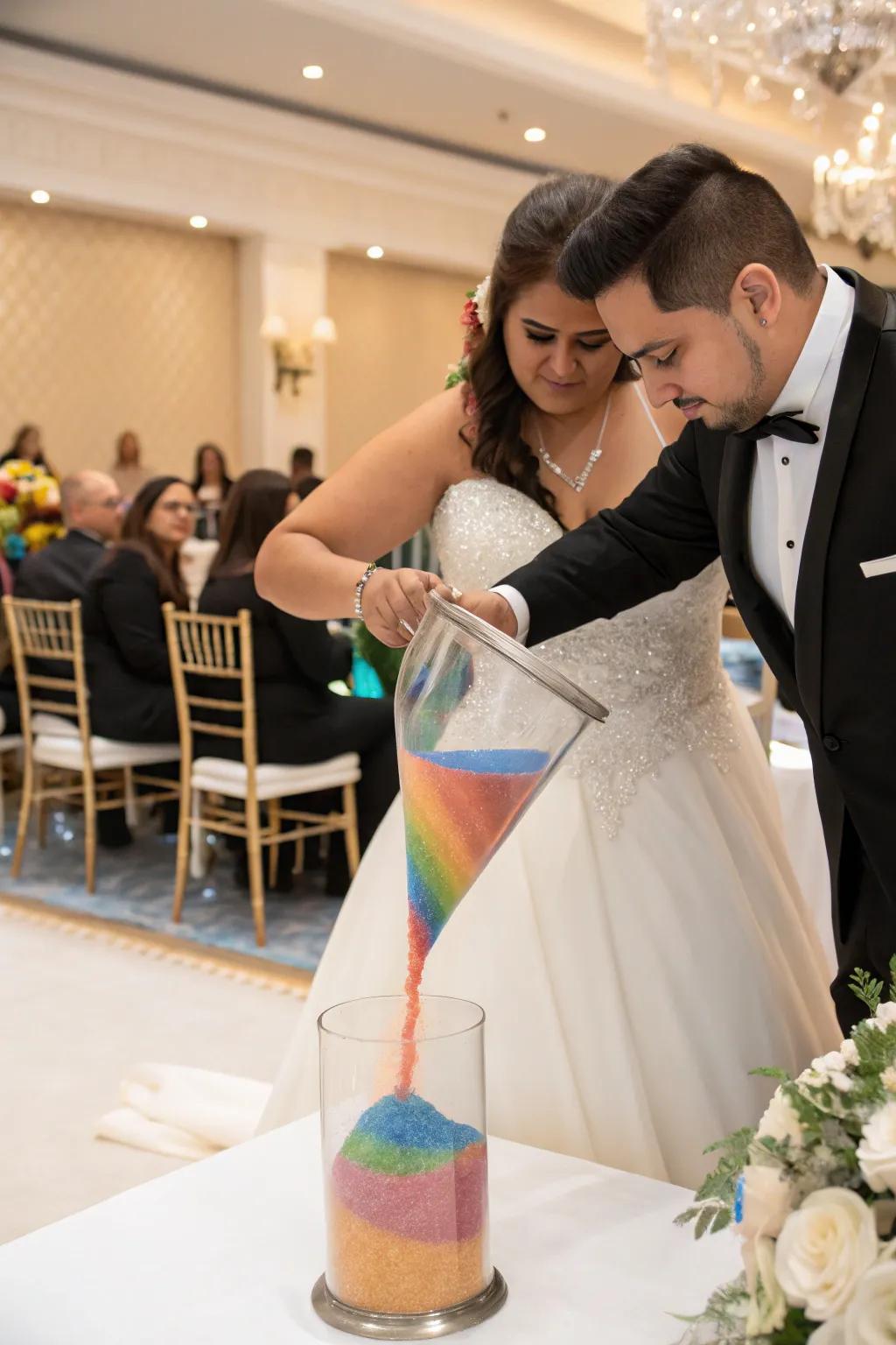 Symbolic sand unity ceremony at the beach.