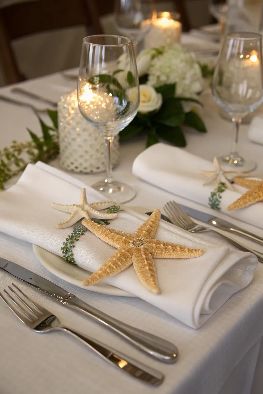 Nautical touch with starfish napkin rings.