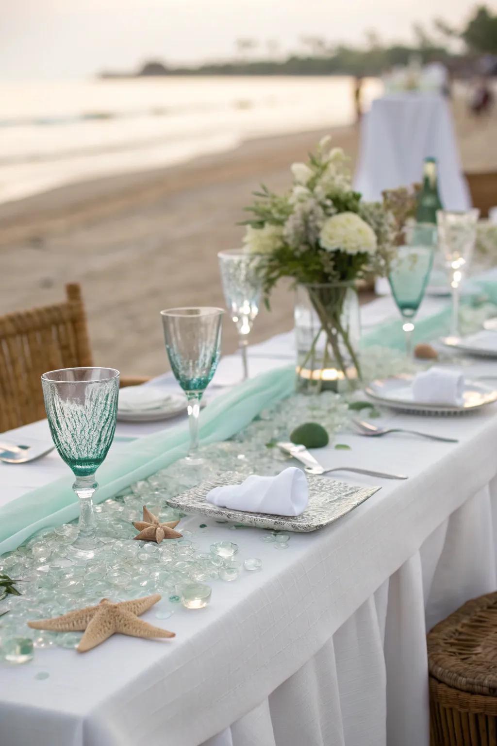 Delicate sea glass decor for a beach wedding.