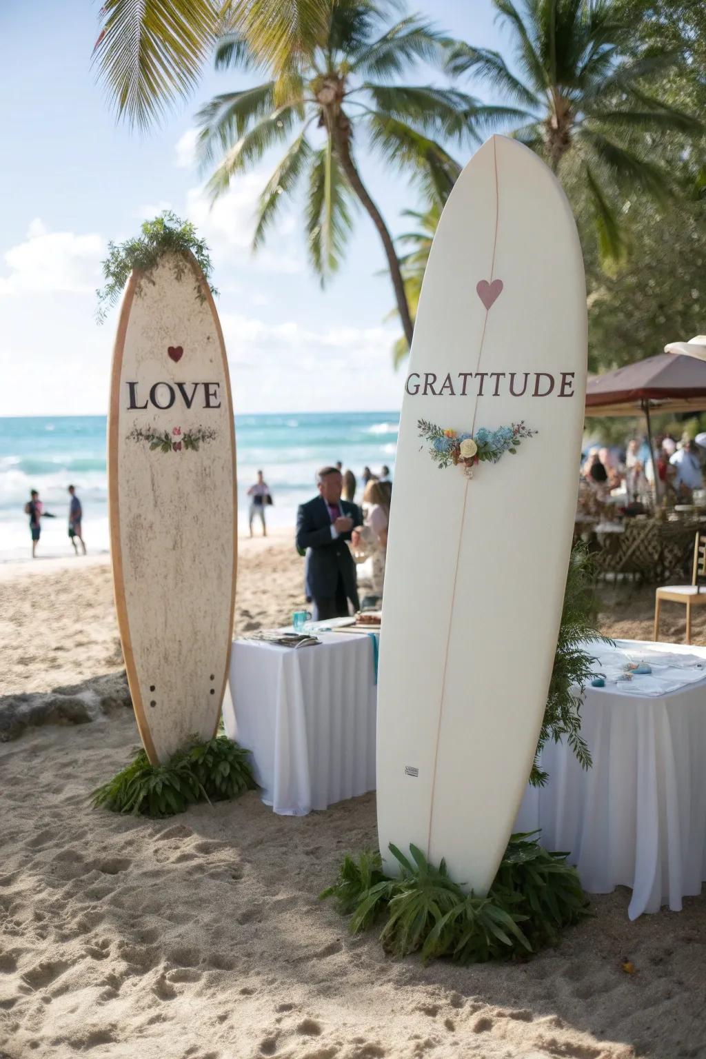 Playful surfboard signage for beach weddings.