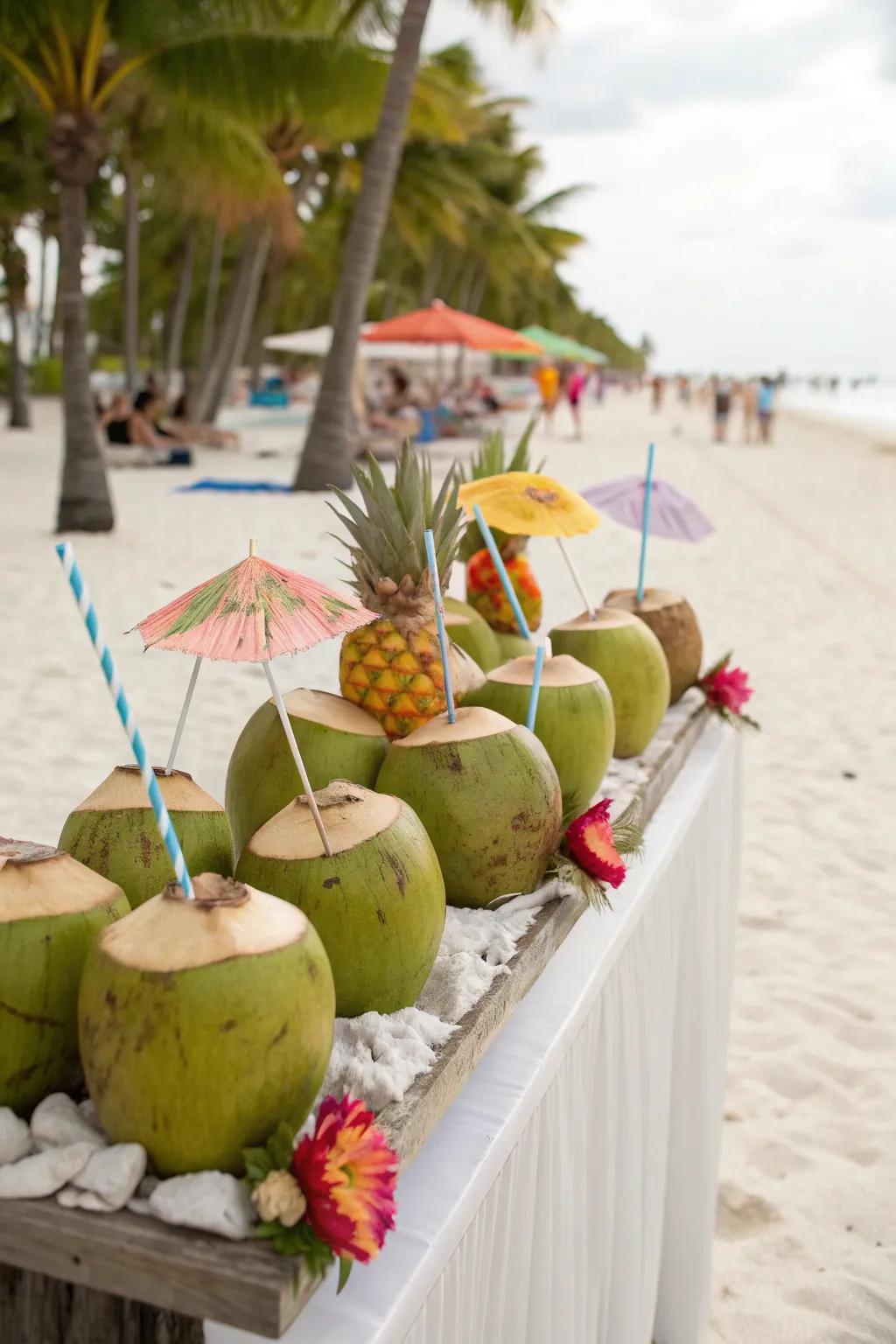 Refreshing coconut drink station for guests.