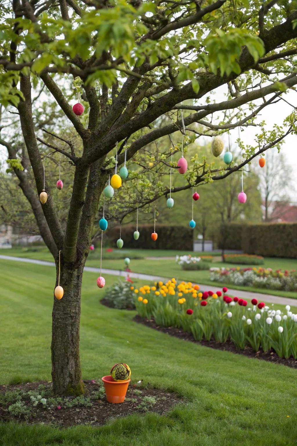Colorful egg ornaments bring a whimsical touch to any garden.