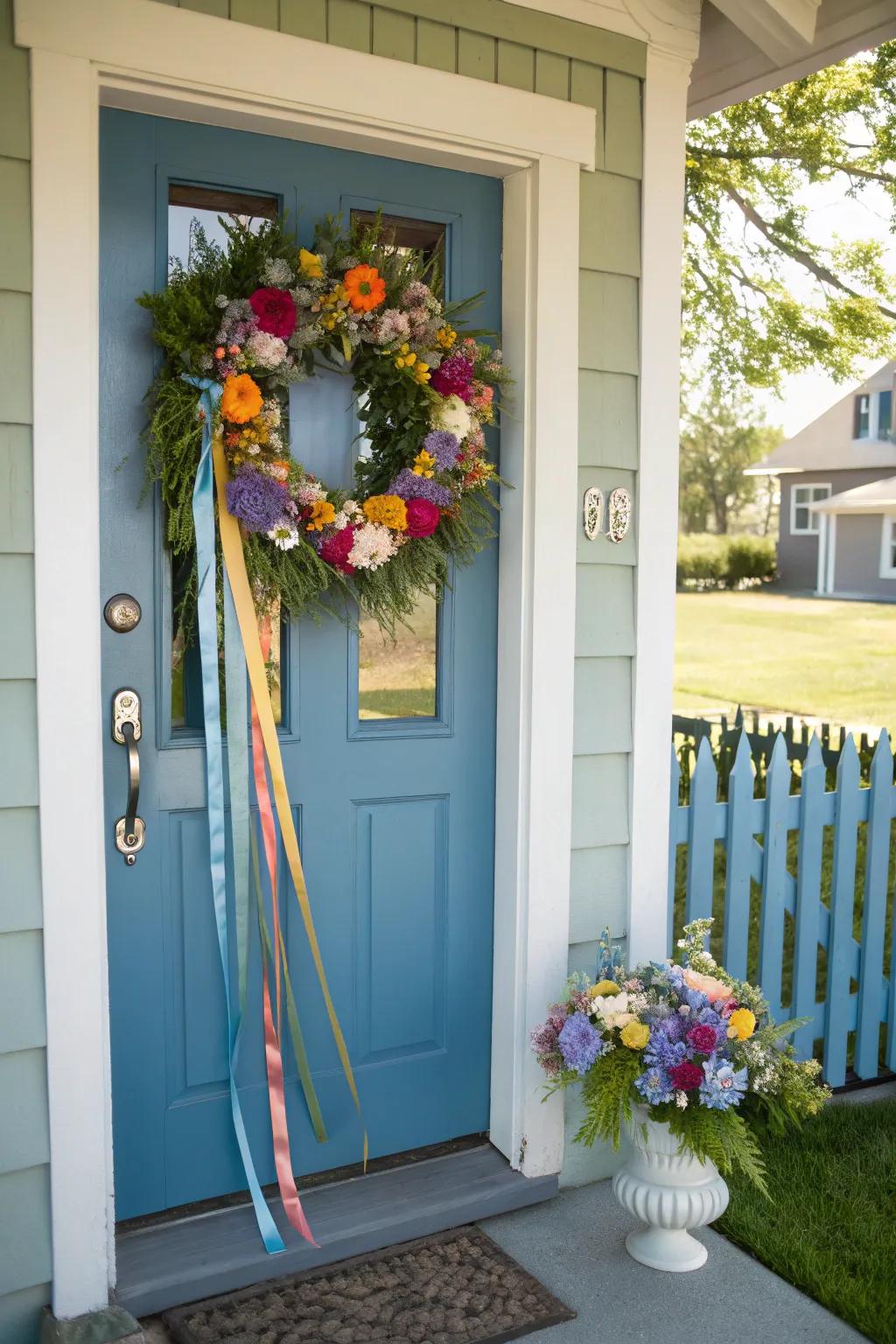 A floral wreath adds a festive touch to your entrance.