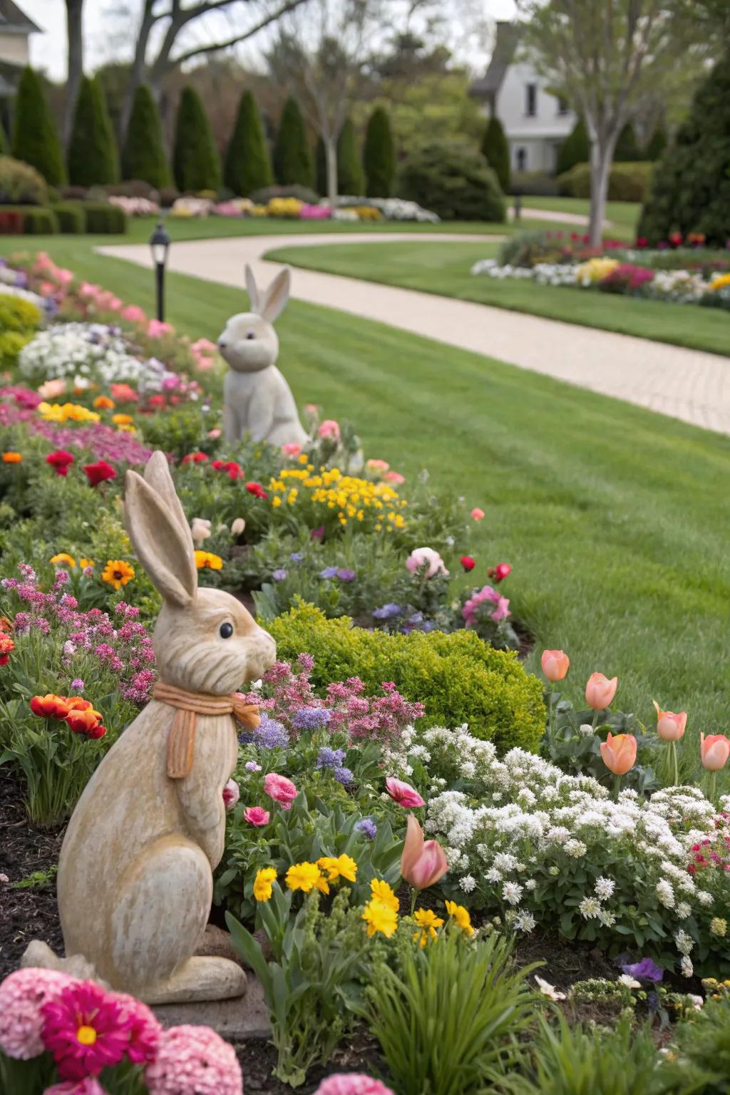 Bunny statues bring a playful element to your outdoor decor.