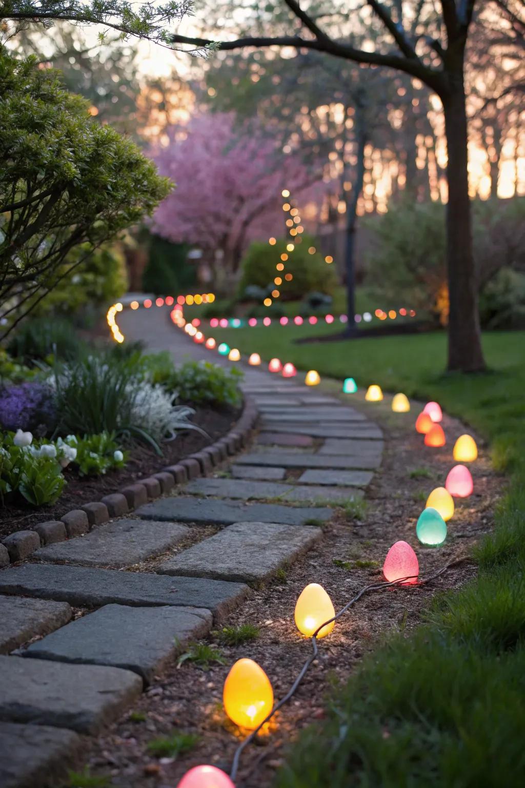 Easter egg lights create a magical evening ambiance.
