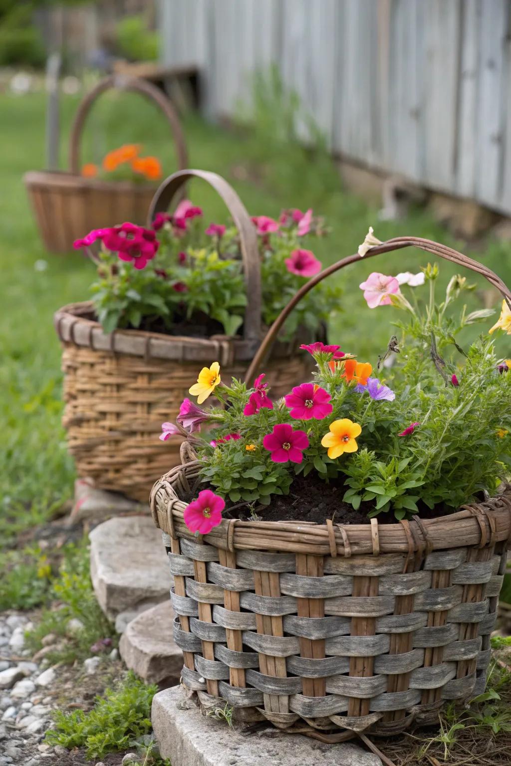 Upcycled baskets add rustic charm to your garden.