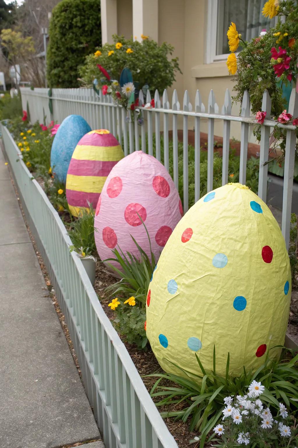 Oversized eggs turn a fence into a festive display.