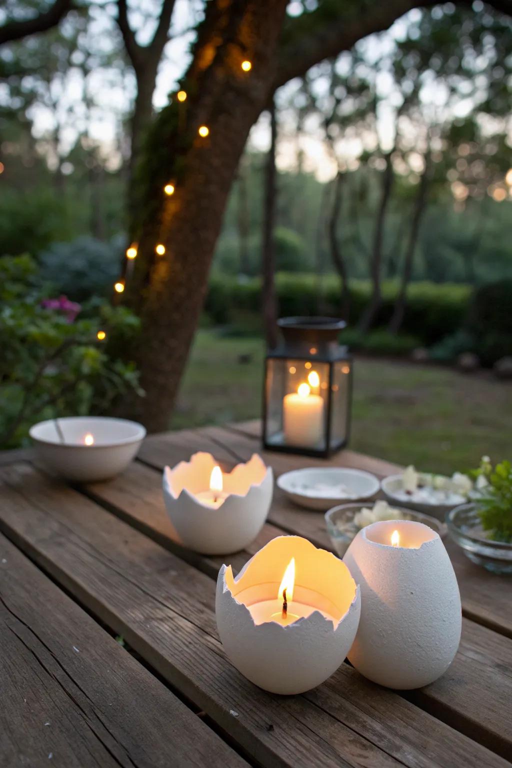 Eggshell candle holders add a warm glow to the evening.