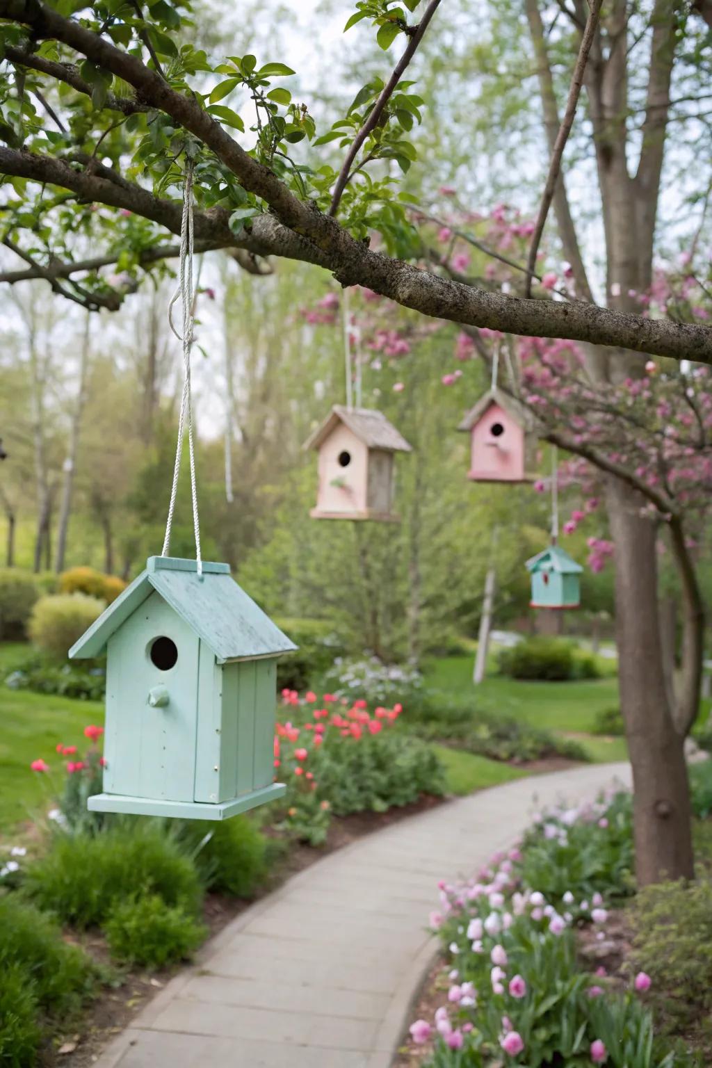 Decorative birdhouses welcome Easter and spring visitors.