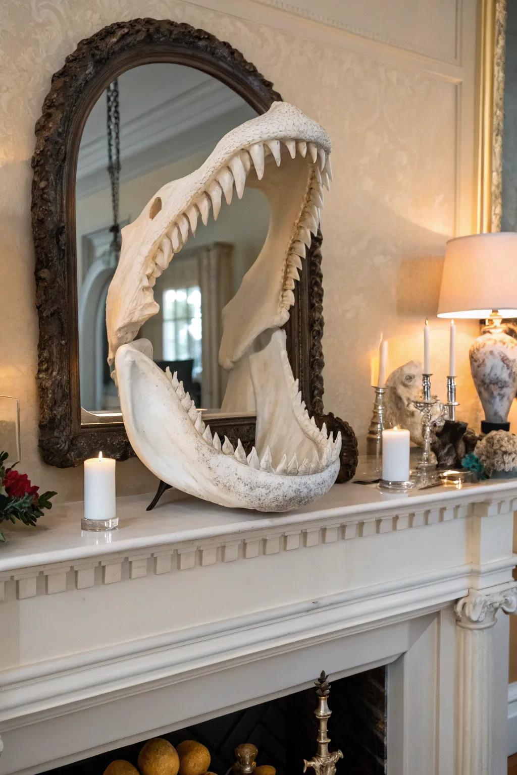 An artistic shark jaw sculpture that adds intrigue to any space.