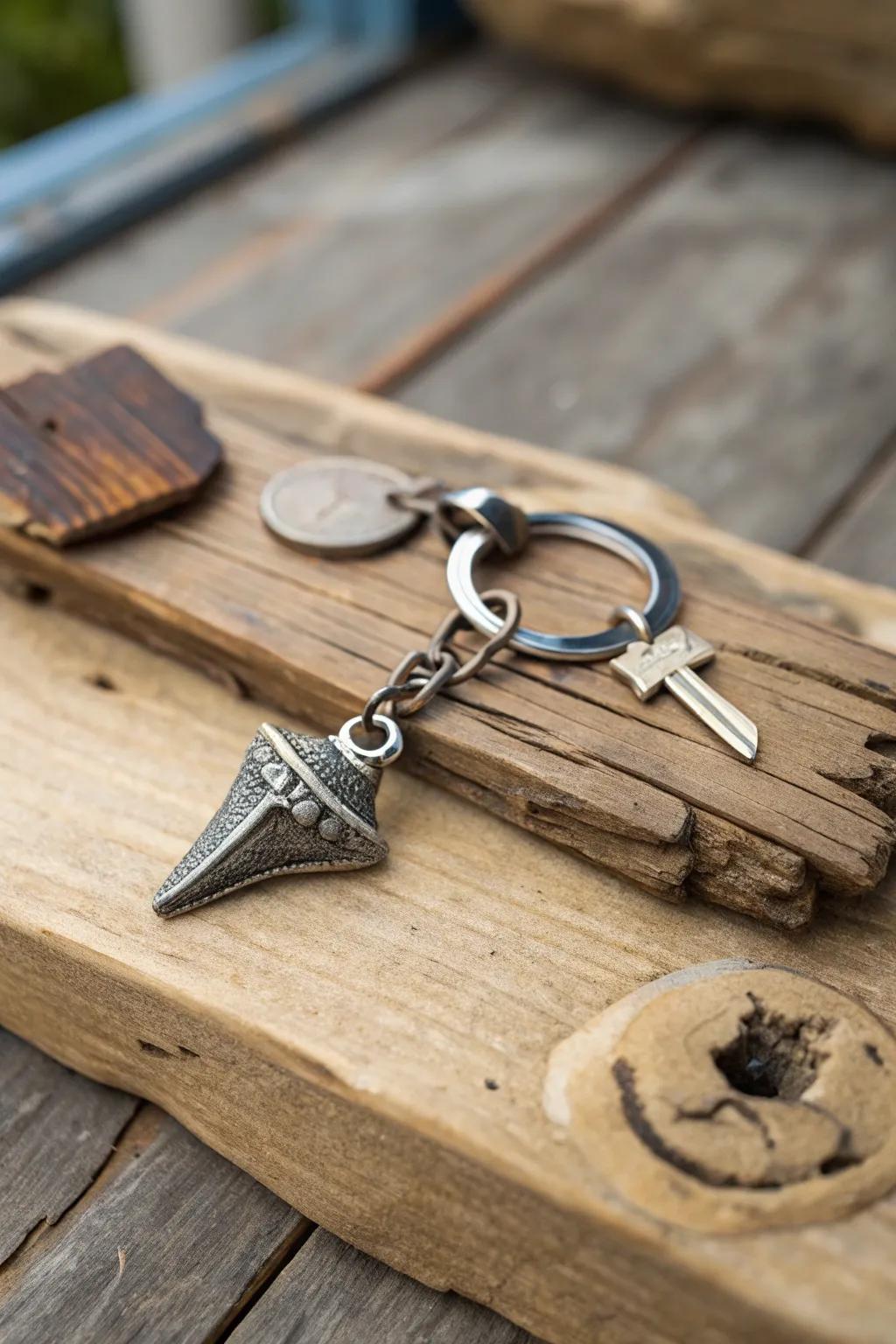 A shark tooth keychain that adds a unique touch to your keys.