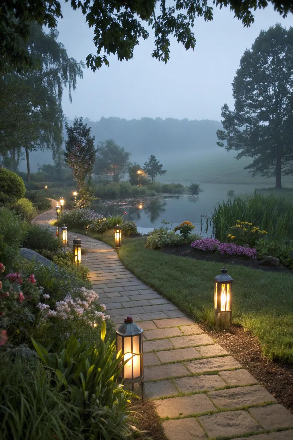 Create a welcoming path to your pond with gentle lighting.