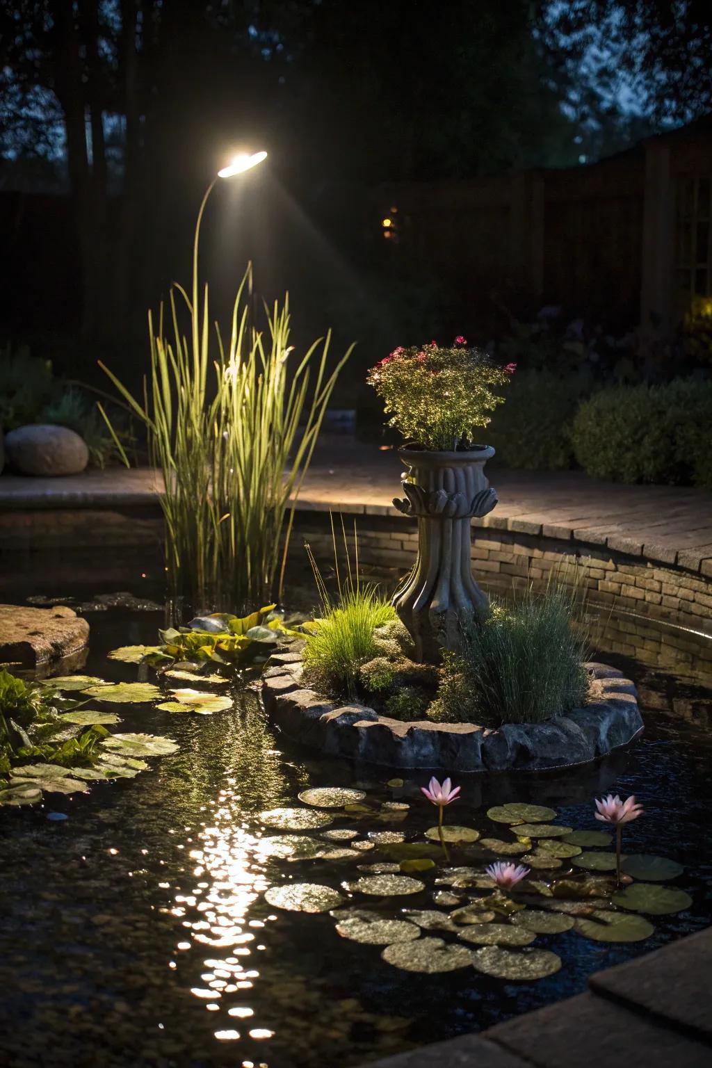 Turn your pond features into focal points with spotlighting.