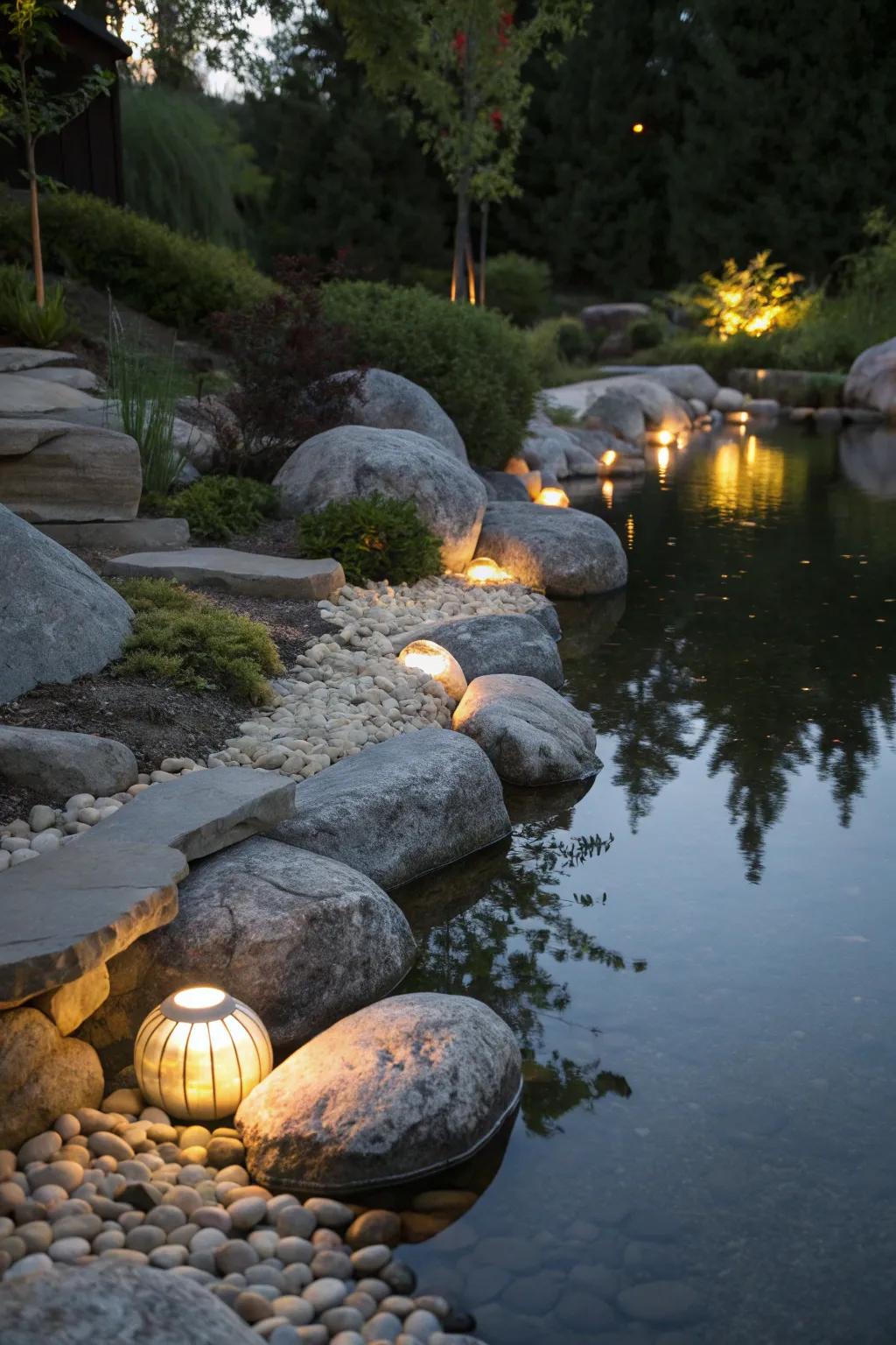 Illuminate your pond’s natural features for added charm.