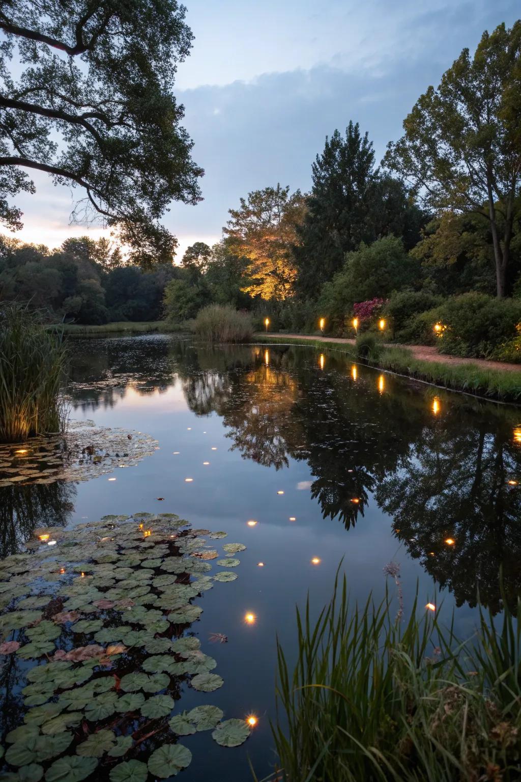 Create mirror-like effects with reflective pond lighting.