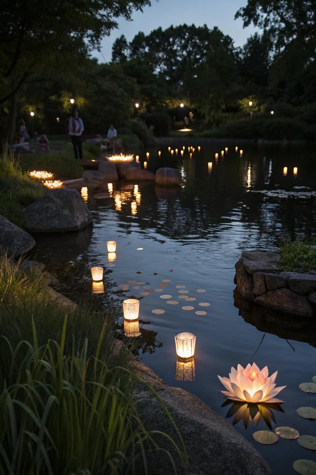 Add a whimsical touch with floating lights on your pond.