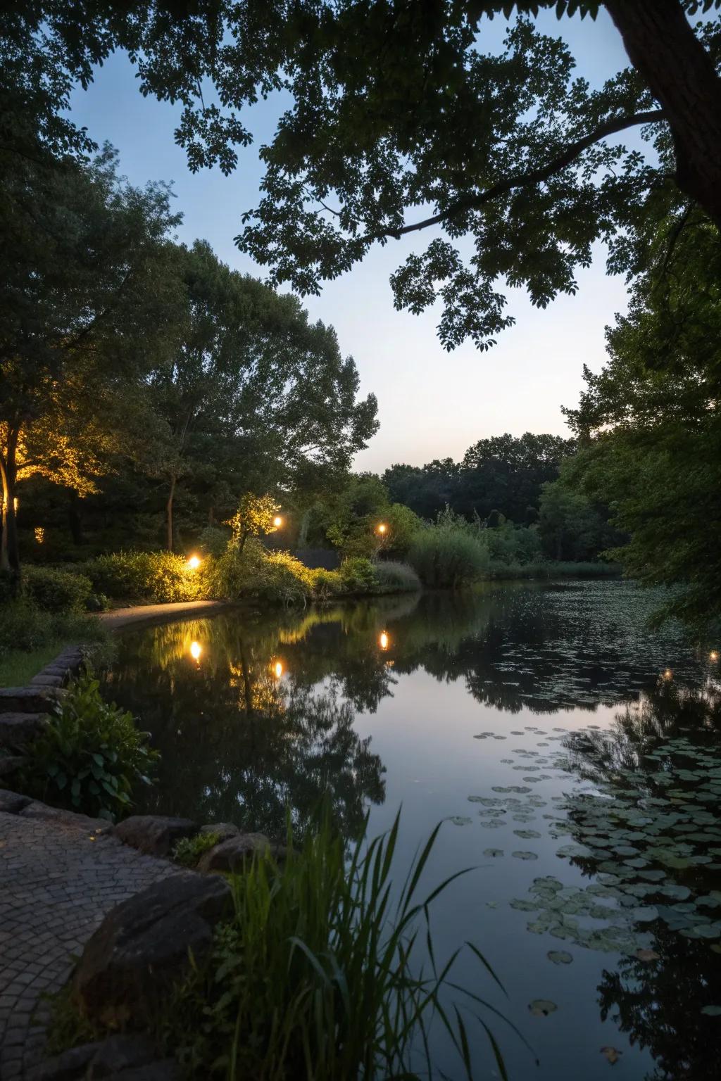 Achieve a natural glow with downlighting for your pond.