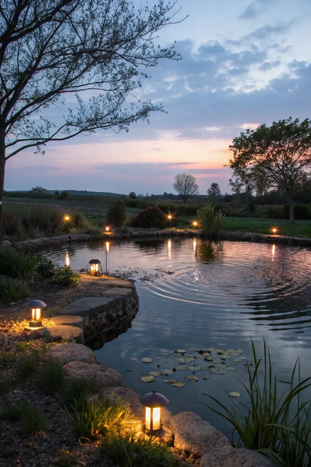 Opt for solar power to light your pond sustainably.
