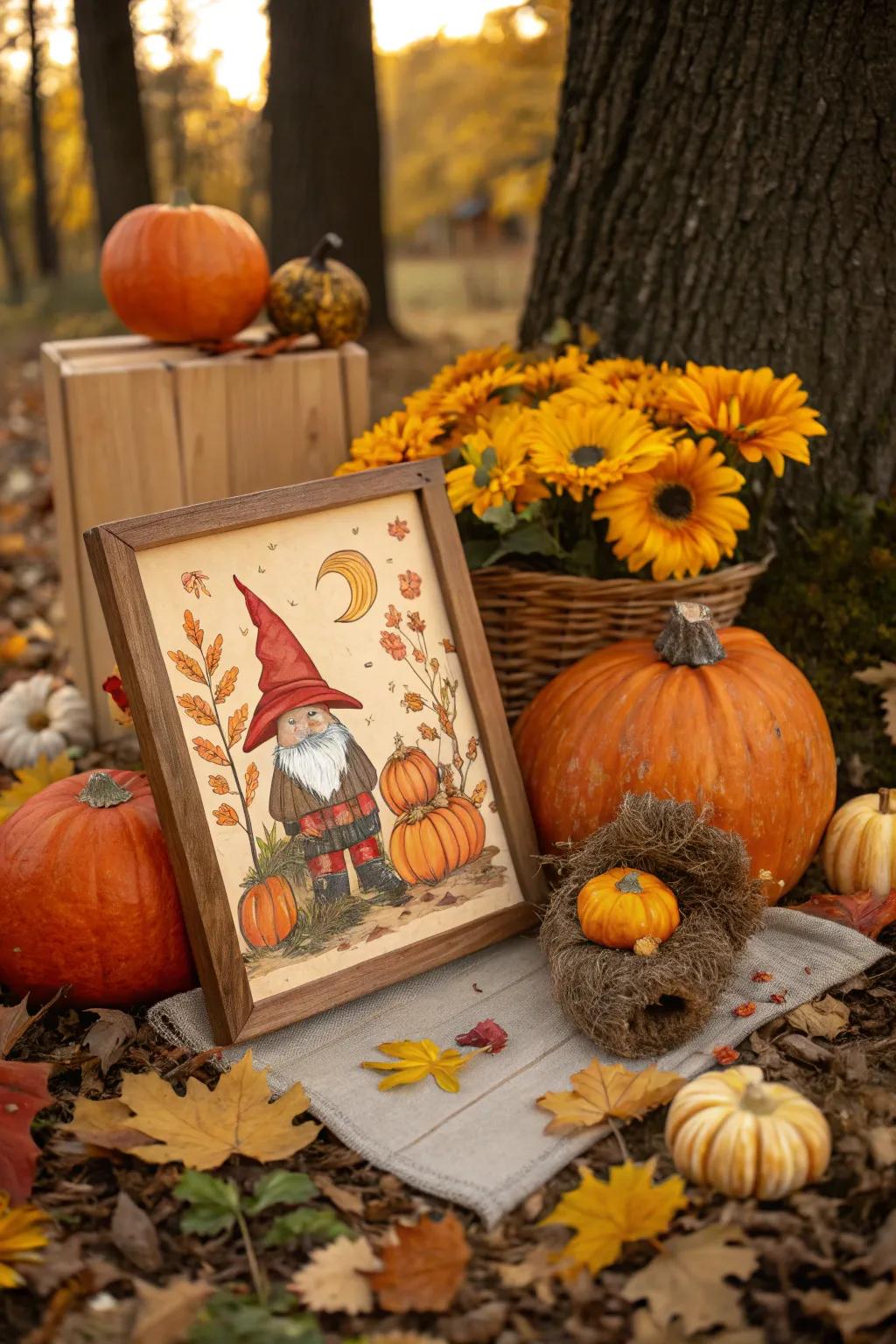 Celebrate fall with a charming gnome amidst pumpkins and sunflowers.