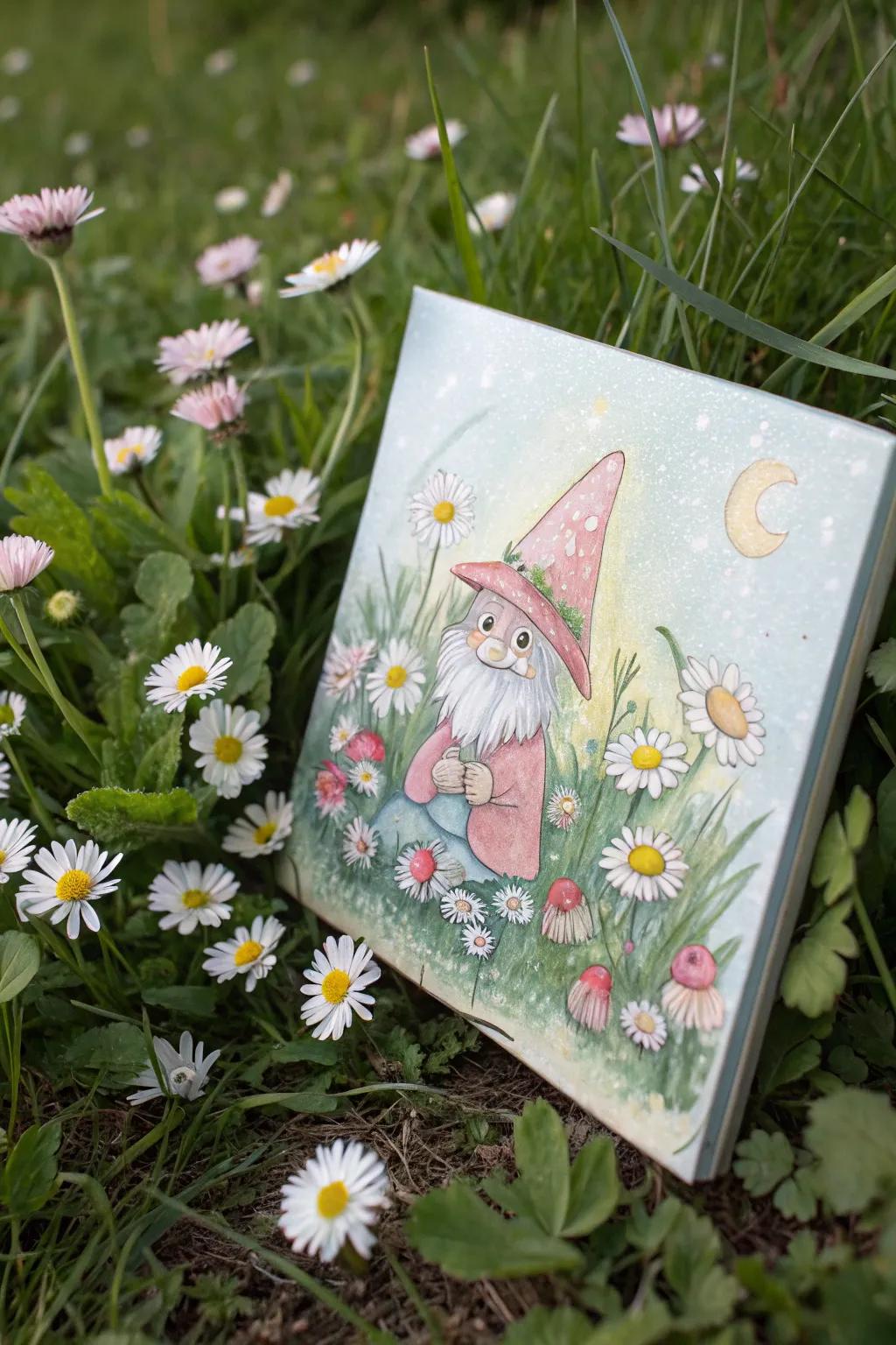 Brighten your home with a spring gnome painting filled with daisies.