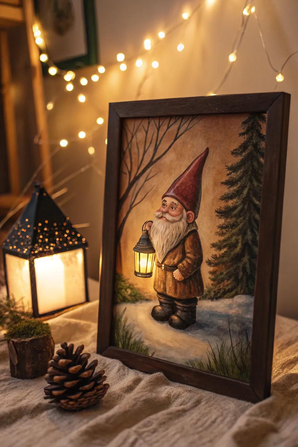 A gnome holding a lantern adds warmth to any space.