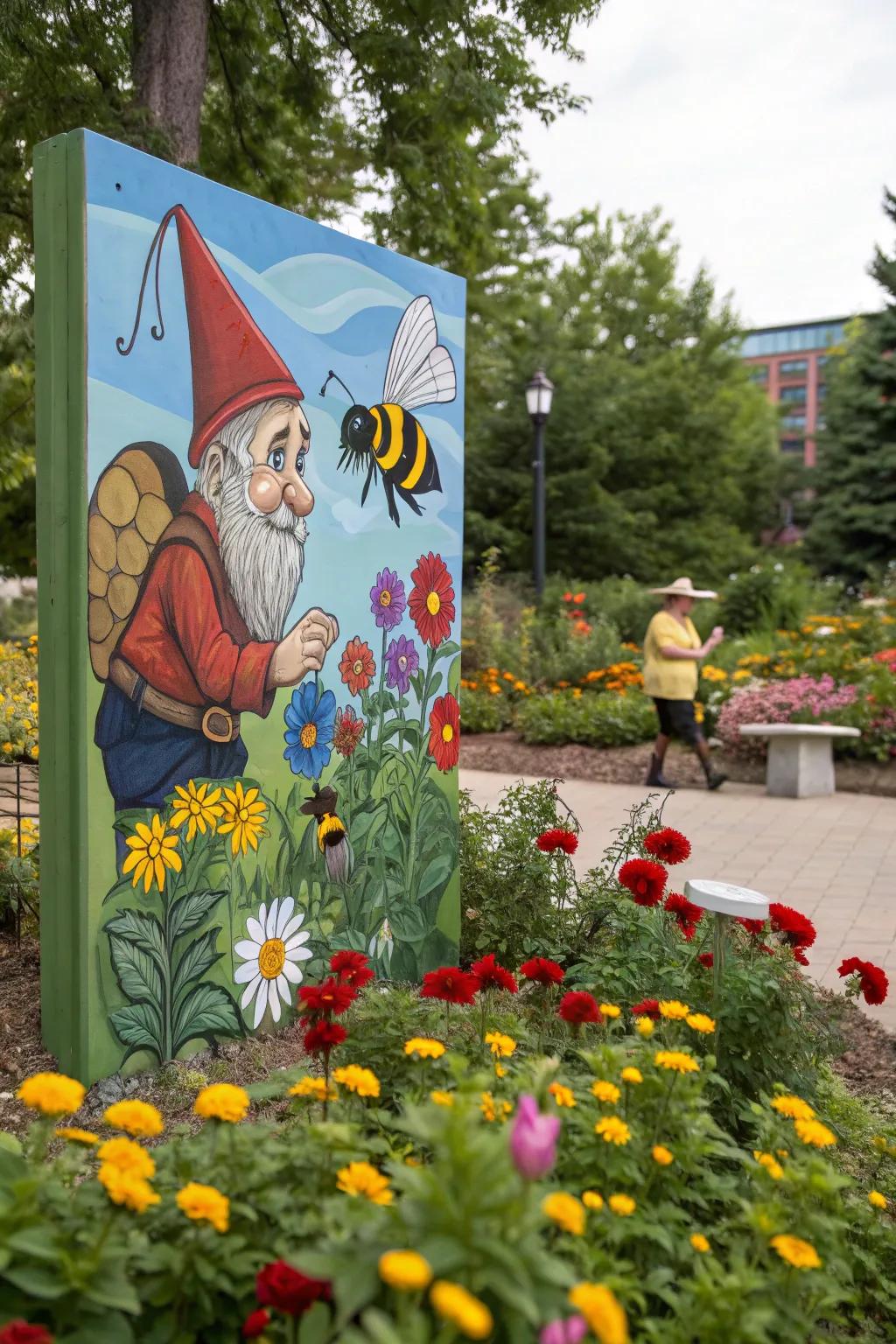 A bee-loving gnome painting adds whimsy to any decor.