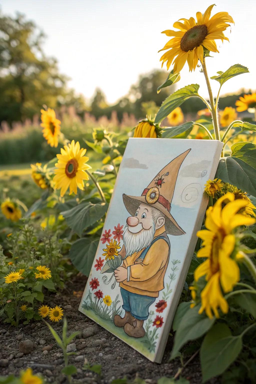 A sunflower gnome painting brings sunshine into your decor.