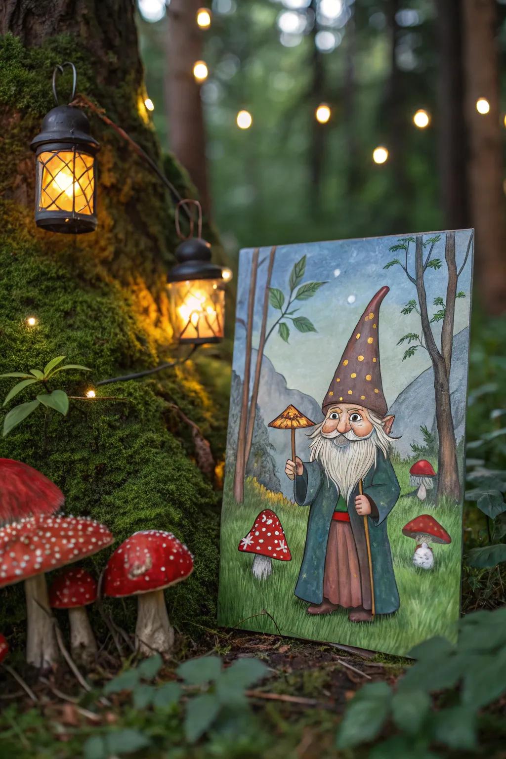 A gnome with mushroom friends adds a fairytale touch to any room.
