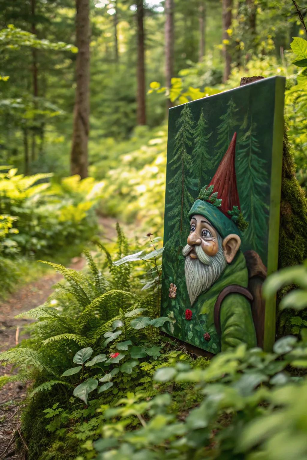 A leafy background gnome painting adds an earthy feel to decor.