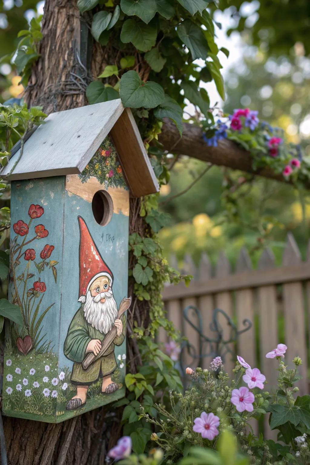 A gnome with a birdhouse brings nature's charm indoors.