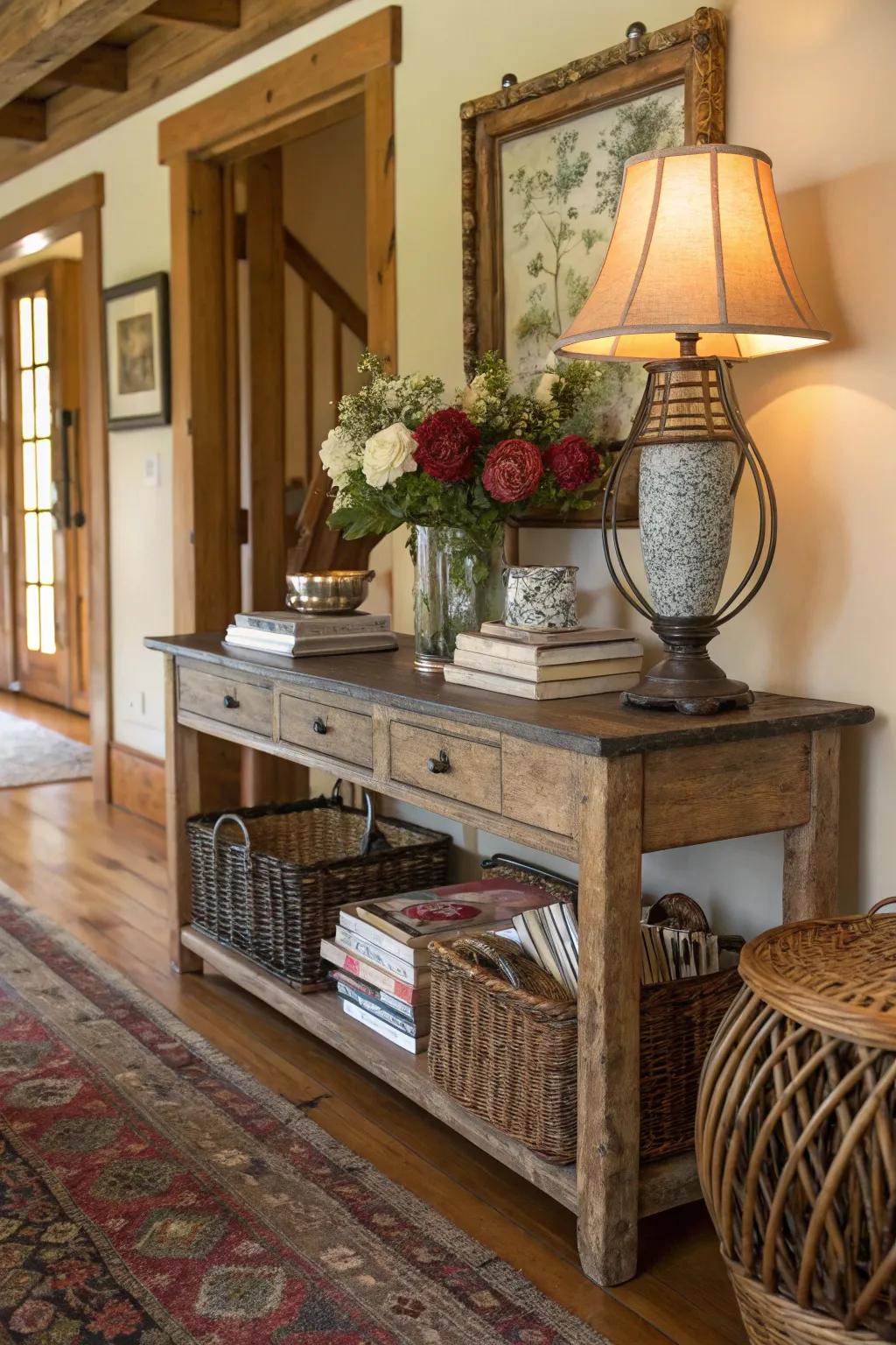 A charming console table with decorative items, adding personality to the house entrance.