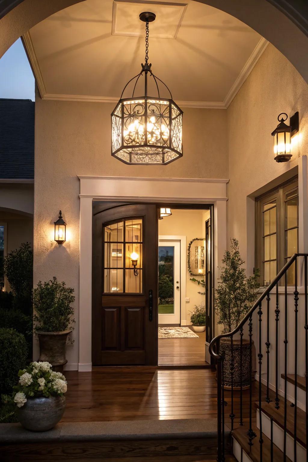 Stylish lighting fixture adding warmth and charm to a welcoming entrance.