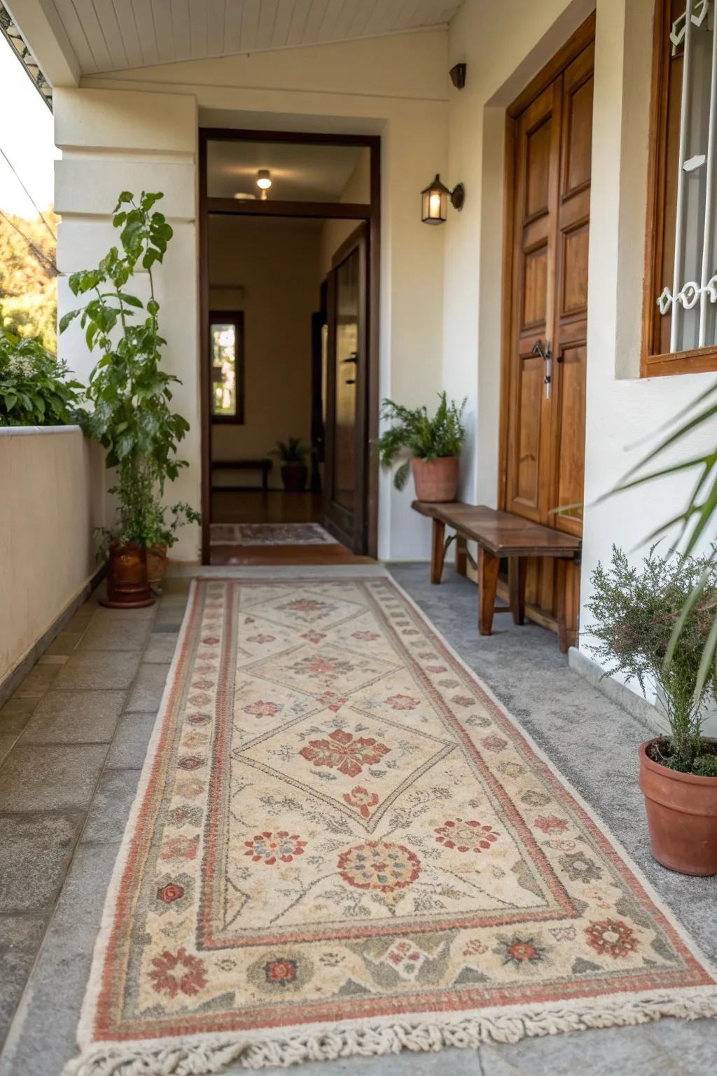 A cozy patterned rug adding warmth and definition to an inviting house entrance.