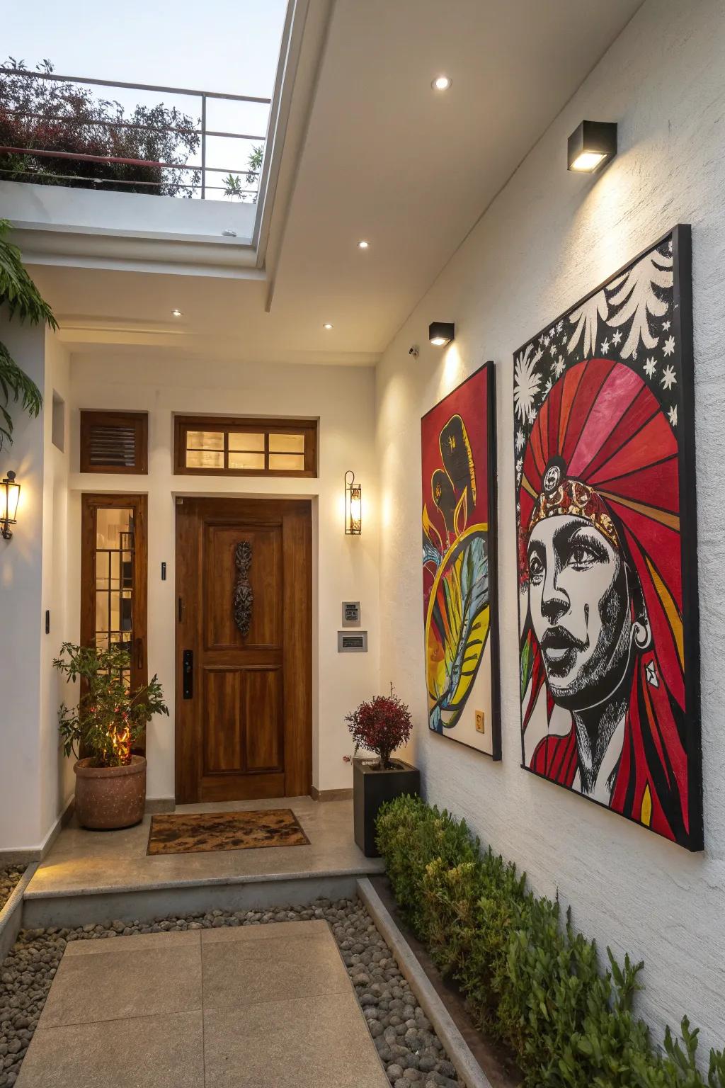 Bold artwork creating a striking focal point in a welcoming house entrance.