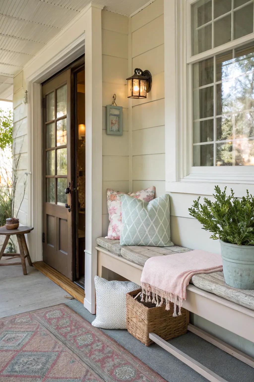 A small bench adding inviting seating to a welcoming house entrance.